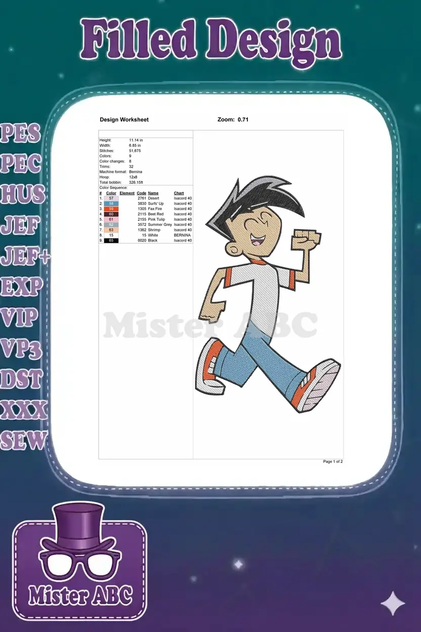 Embroidery design worksheet for Danny Phantom, detailing dimensions, stitch count, color sequence, and thread types.