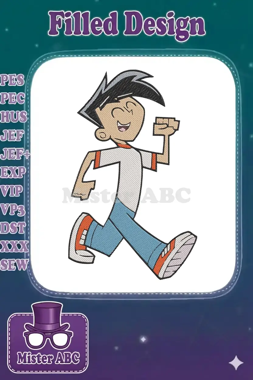 Vibrant embroidery design of Danny Phantom, the ghostly hero, running energetically with a happy expression.