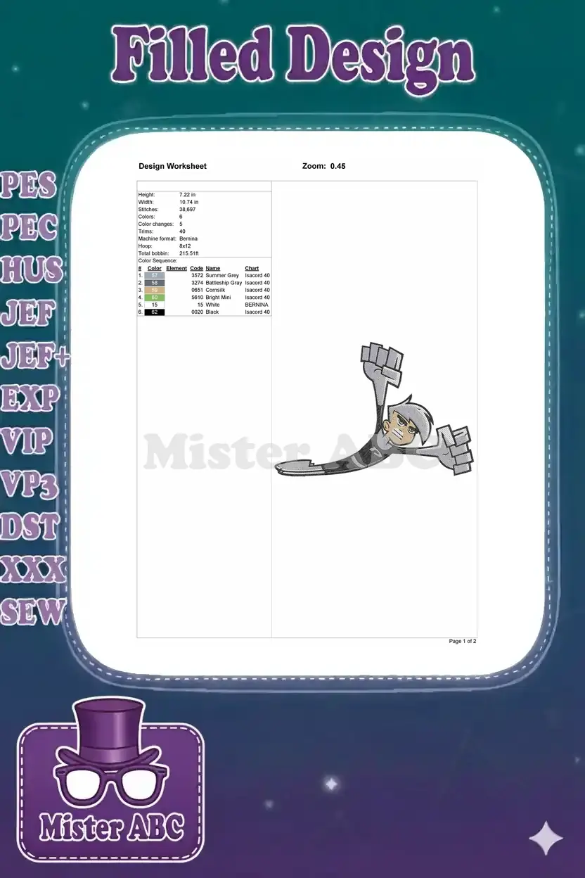 Detailed embroidery design worksheet for Danny Phantom, showing dimensions, stitch count, colors, and machine settings.