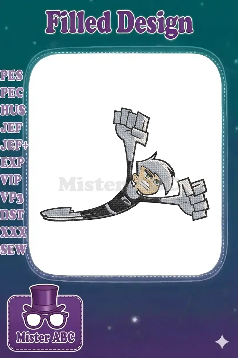 Dynamic Danny Phantom embroidery design in a powerful, stretched pose, showcasing intricate detail and vibrant colors.