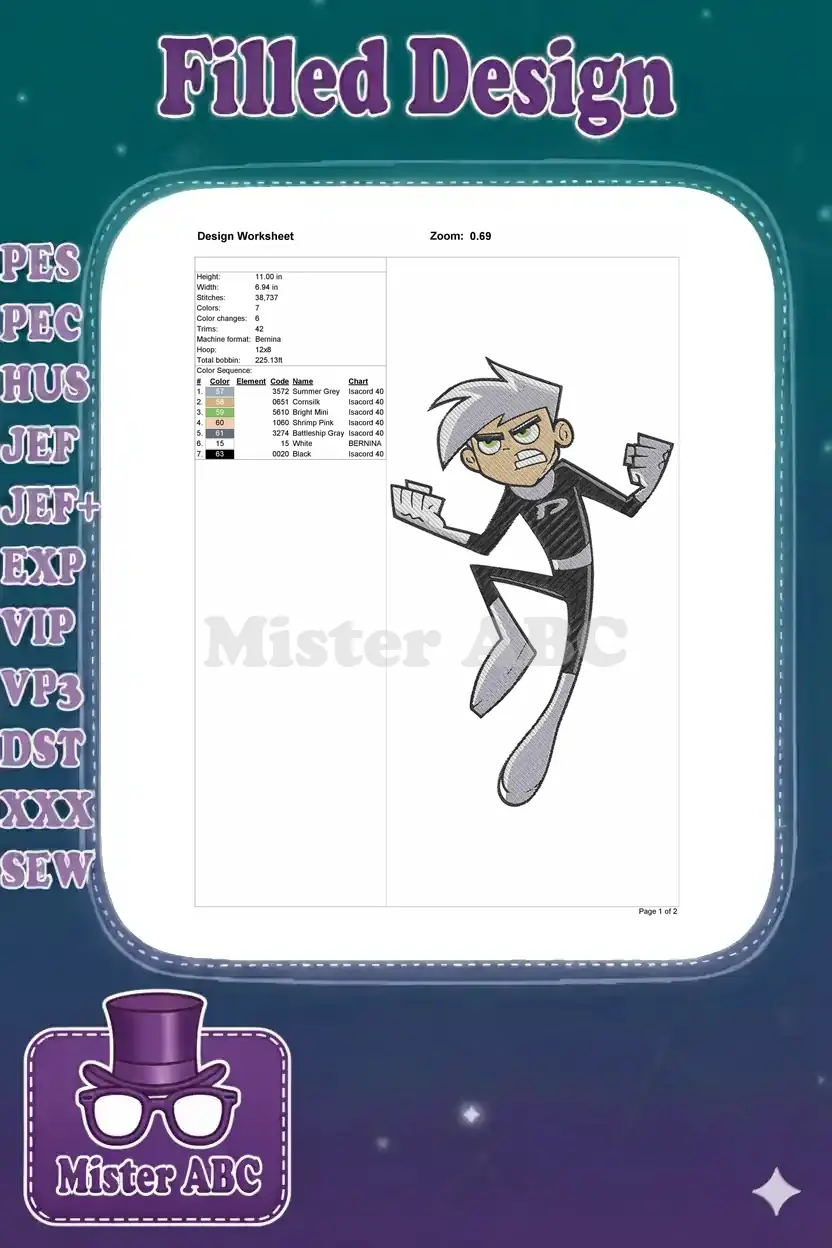 Embroidery design worksheet for Danny Phantom, detailing dimensions, stitch count, thread colors, and machine info.