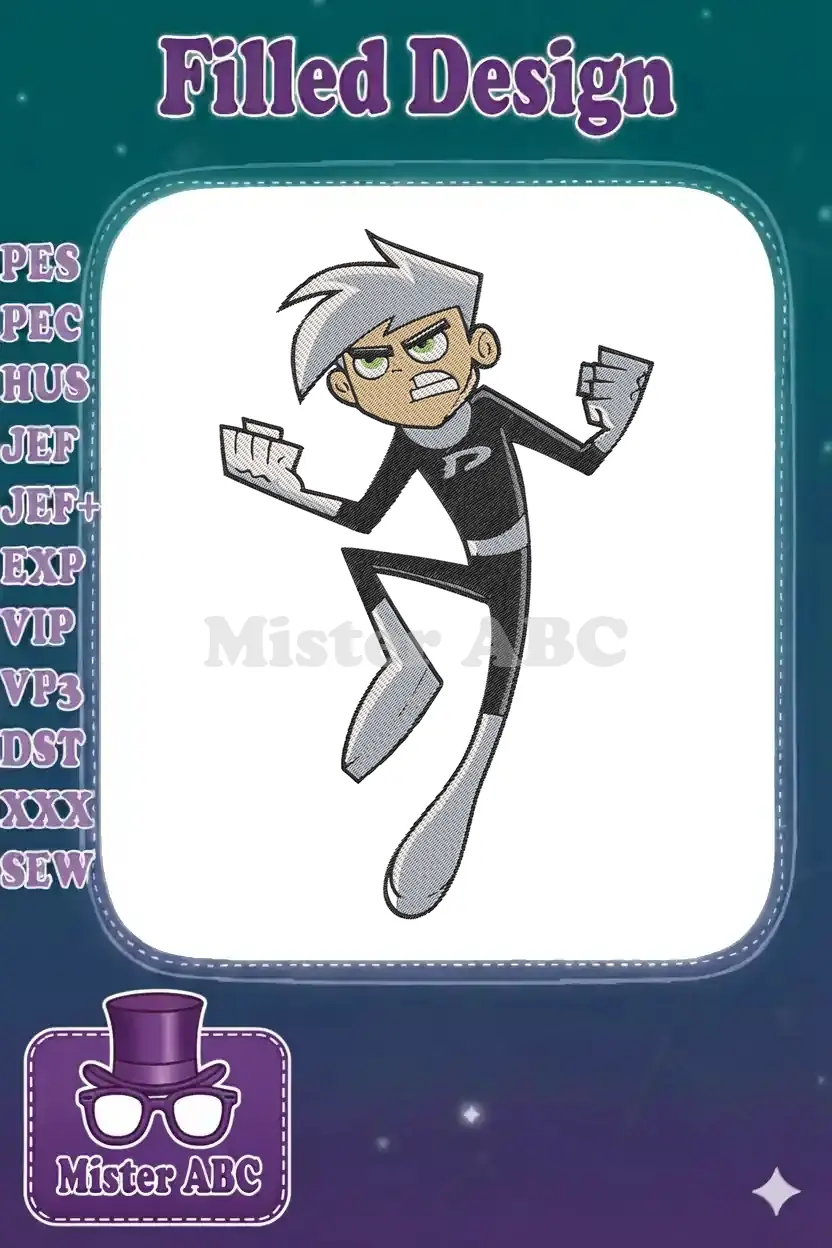 Danny Phantom embroidery design in a dynamic action pose, featuring his signature black suit and white hair.