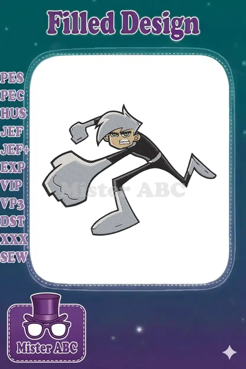 Danny Phantom embroidery design in an action pose, featuring black and gray suit with green eyes, on a white background.