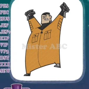 Embroidery design of Jorgen Von Strangle from The Fairly OddParents, looking angry with arms raised in an orange jumpsuit.