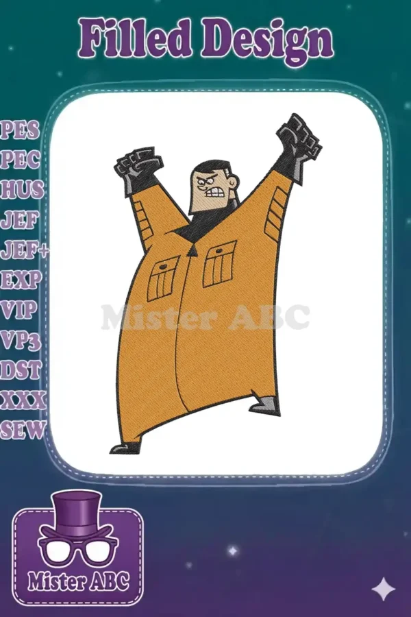 Embroidery design of Jorgen Von Strangle from The Fairly OddParents, looking angry with arms raised in an orange jumpsuit.