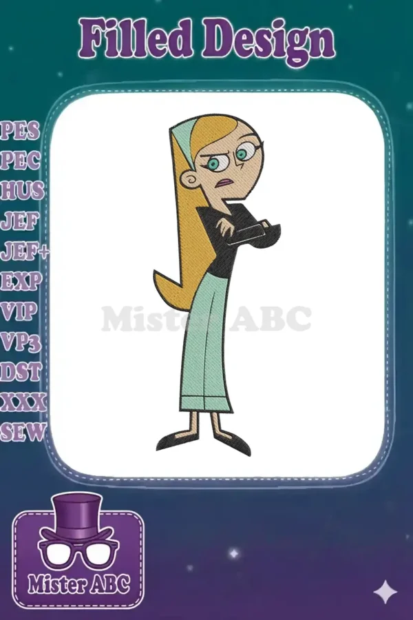 Vibrant embroidery design featuring Paulina Sanchez from Danny Phantom, with long blonde hair and teal pants.