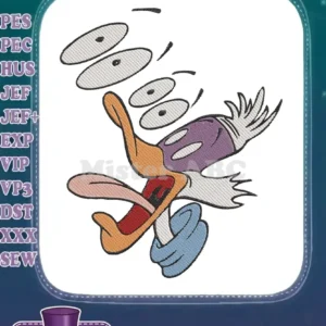 A vibrant embroidery design featuring Donald Duck with a comically dizzy and surprised expression, eyes wide and tongue out.