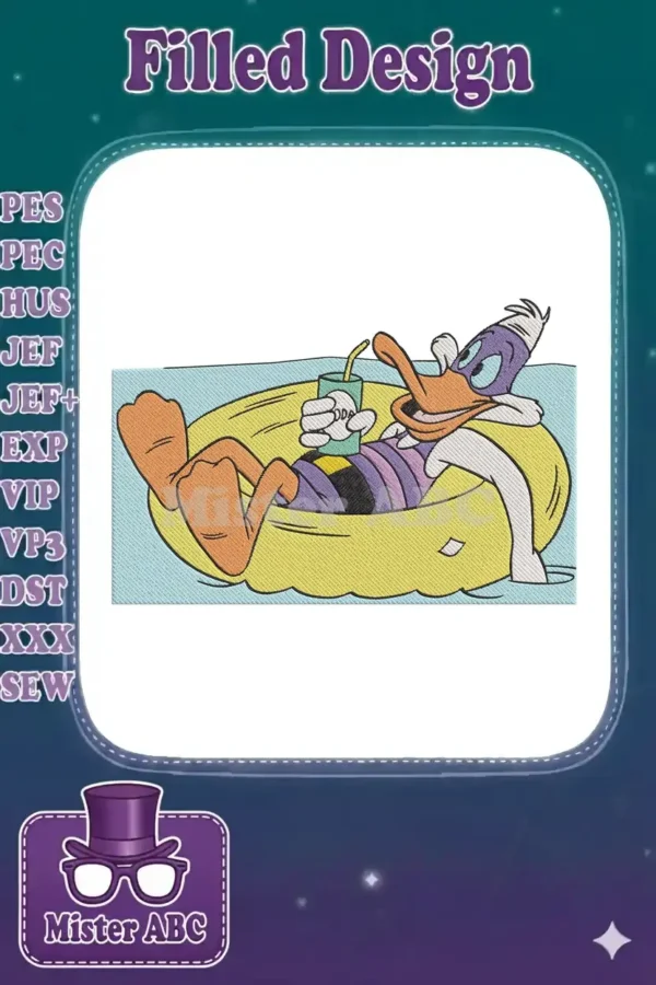 Donald Duck lounging in a yellow inflatable ring on blue water, holding a green soda cup, vibrant embroidery design.