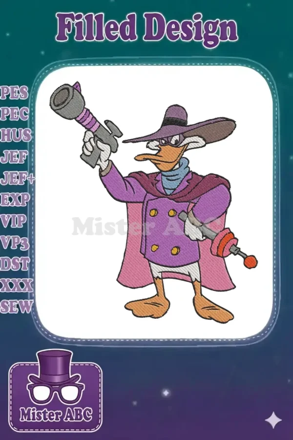 A vibrant embroidery design featuring Darkwing Duck in his iconic purple trench coat, hat, and mask, holding gadgets.