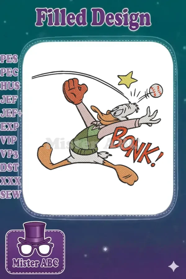 Donald Duck in a baseball mitt and vest, humorously getting hit by a baseball with a 'BONK!' sound effect.
