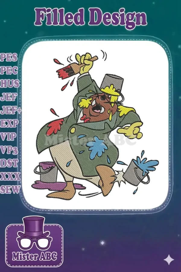 Horace Horsecollar embroidery design, comically covered in red, blue, and yellow paint splatters, holding a brush.