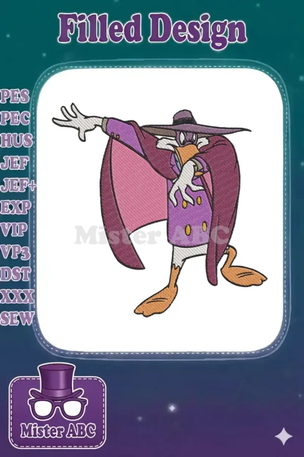 Darkwing Duck embroidery design in a dramatic pose, featuring vibrant purple and pink fill stitches.