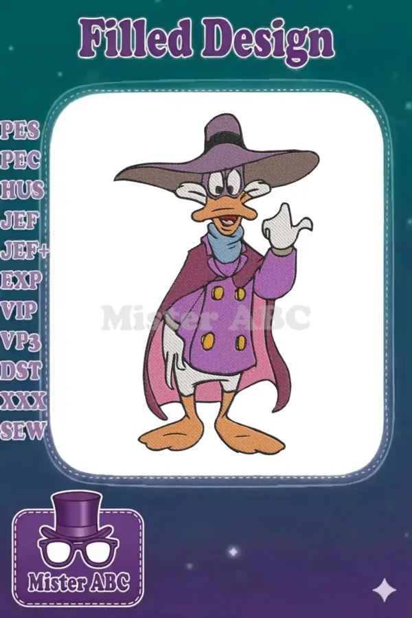 A detailed embroidery design of Darkwing Duck, the iconic crimefighter, standing with a confident wave.