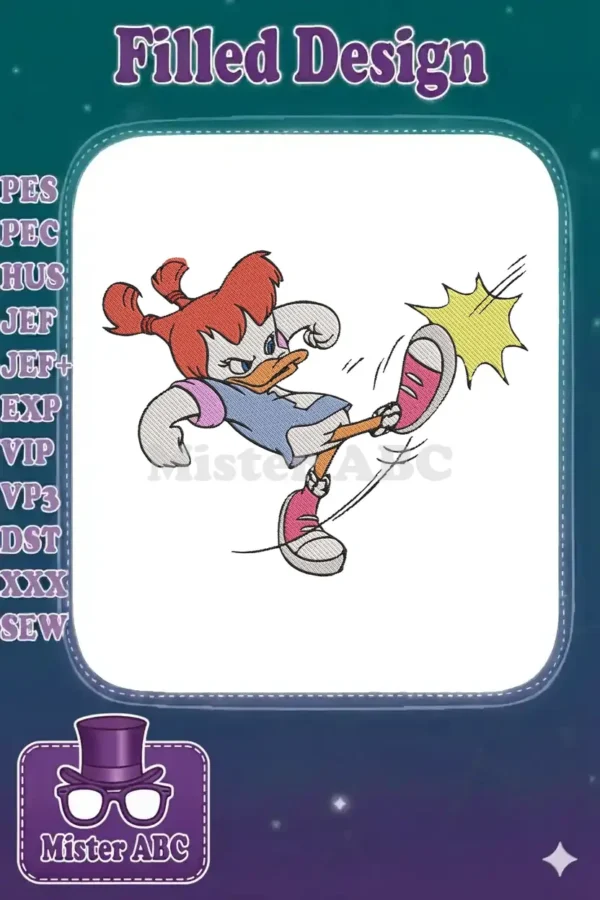 Energetic Gosalyn Mallard embroidery design, kicking dynamically, featuring vibrant colors and a detailed fill stitch.