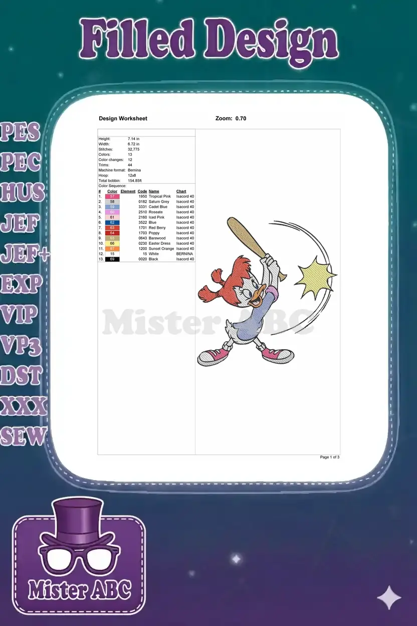 Detailed embroidery design worksheet for Daisy Duck, showing dimensions, stitch count, colors, and thread codes.