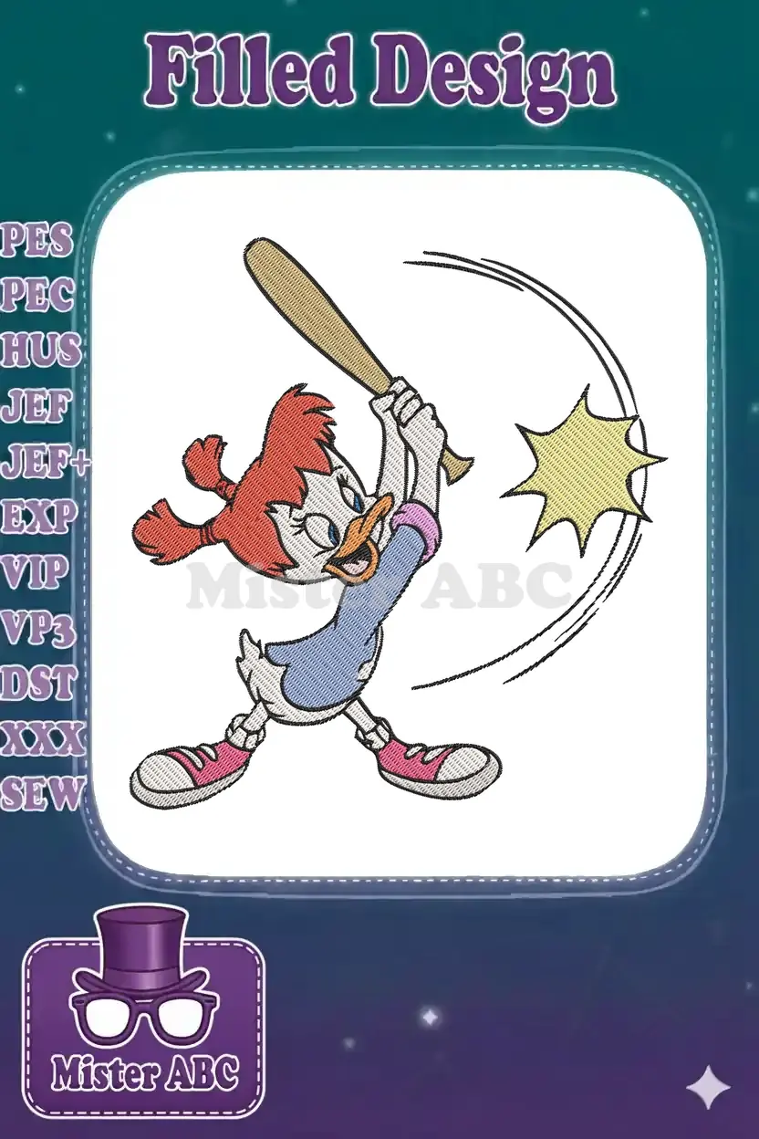 Embroidered Baby Daisy Duck cartoon character, red hair, blue dress, pink shoes, vigorously swinging a baseball bat.