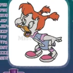 Funny cartoon duckling with orange pigtails and blue shirt embroidery designs - Instant Download