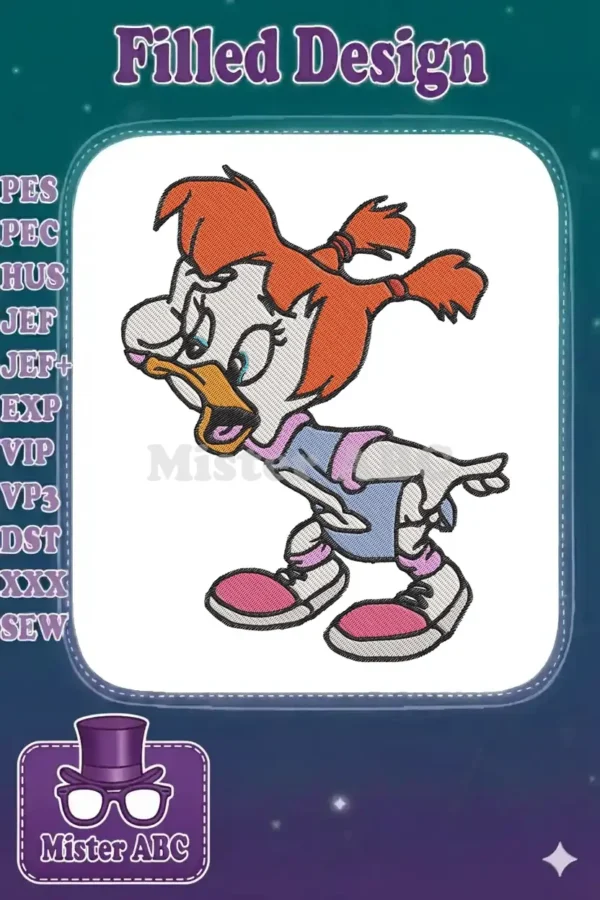 Vibrant embroidery design of Gosalyn Mallard from Darkwing Duck, captured in an energetic pose with bright colors.