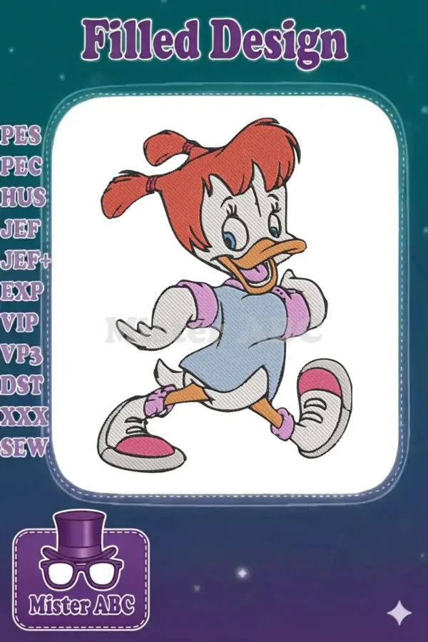 A vibrant embroidery design featuring a youthful Daisy Duck running with a cheerful, determined expression.