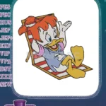 Happy cartoon duck relaxing on red striped beach chair embroidery designs - Instant Download