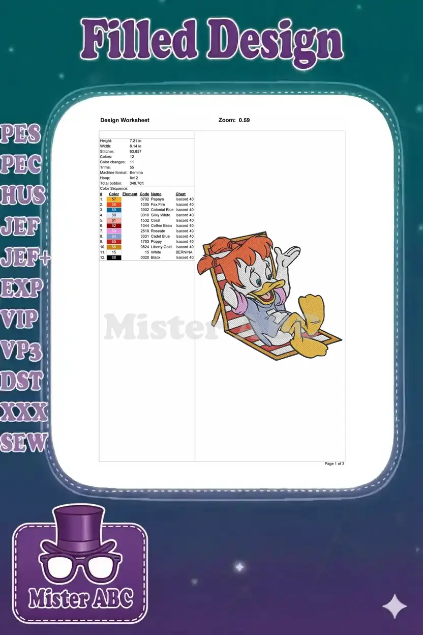 Embroidery design worksheet displaying dimensions, stitch count, thread colors, and machine compatibility details.