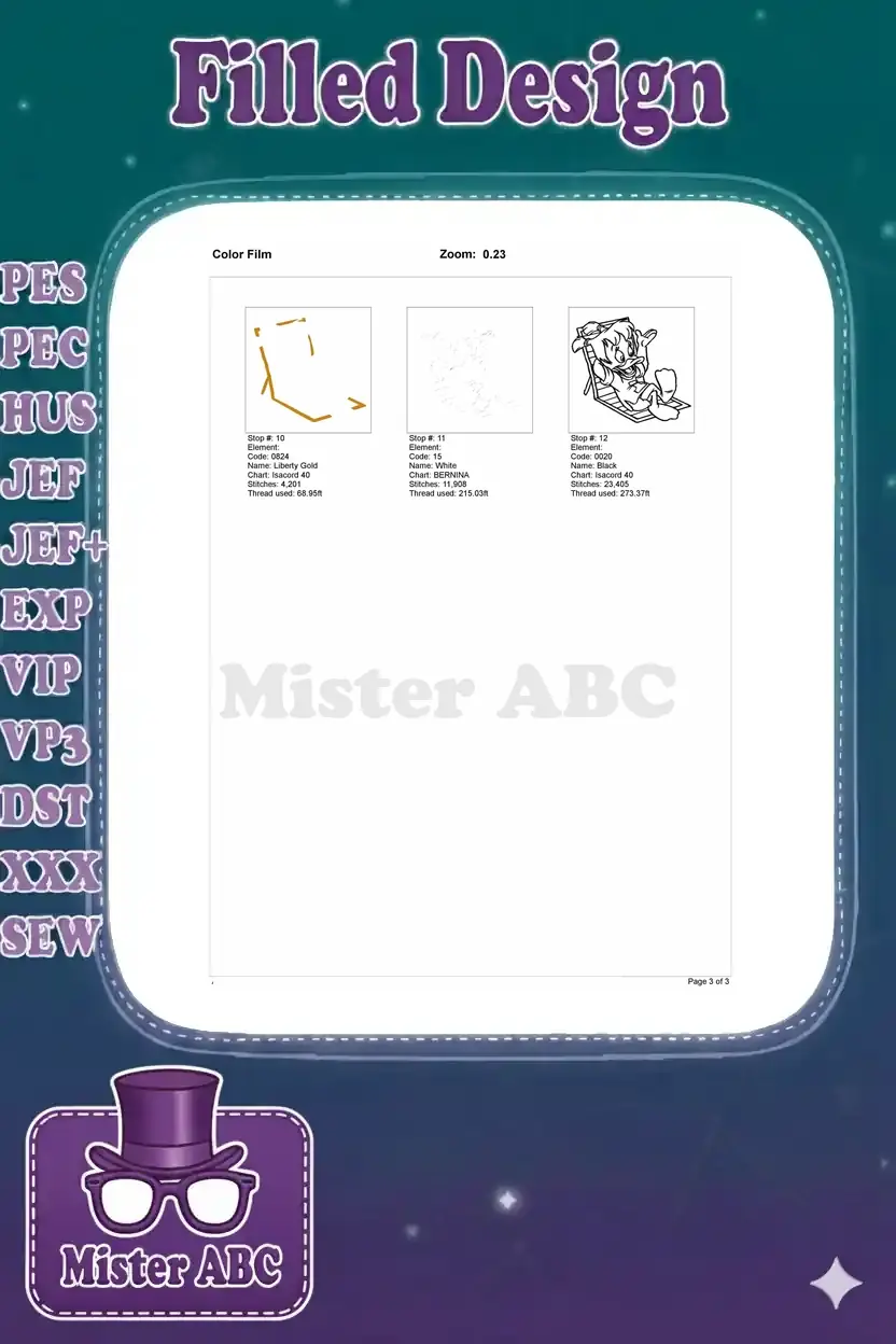 Second page of the embroidery color film, showing the final color elements and the complete design outline.