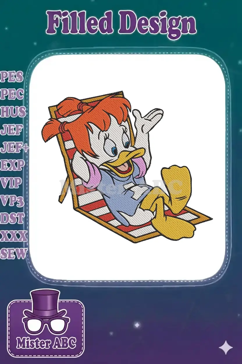Webby Vanderquack embroidery design featuring her relaxing happily on a striped beach chair in bright colors.