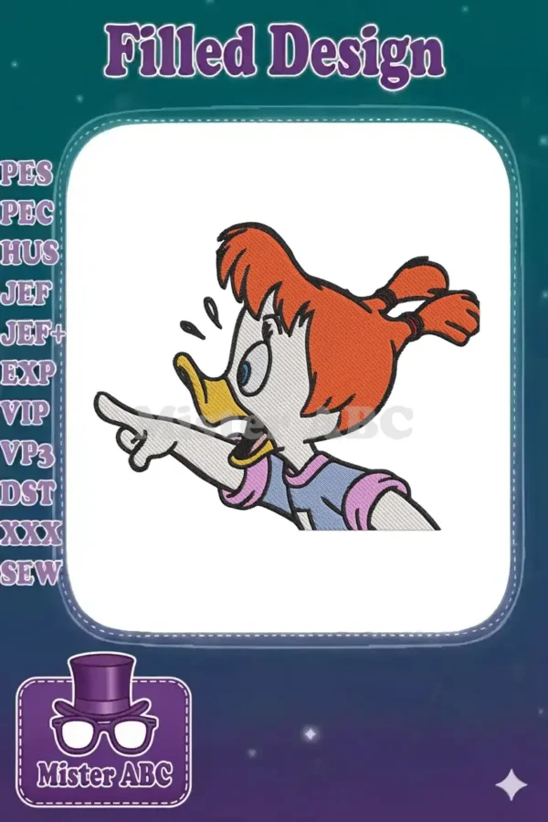 Gosalyn Mallard embroidery design, featuring the character pointing with a surprised expression, vibrant colors.