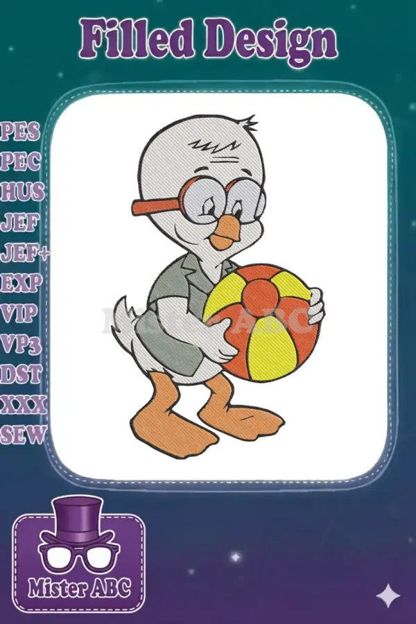 Full-color embroidery design of a cheerful cartoon duck wearing glasses and holding a colorful beach ball.