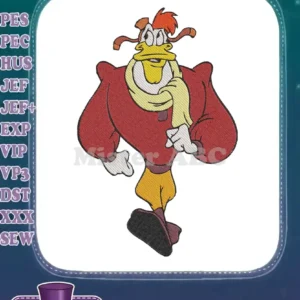 Vibrant machine embroidery design of Launchpad McQuack in his classic red jacket and yellow scarf, ready for action.