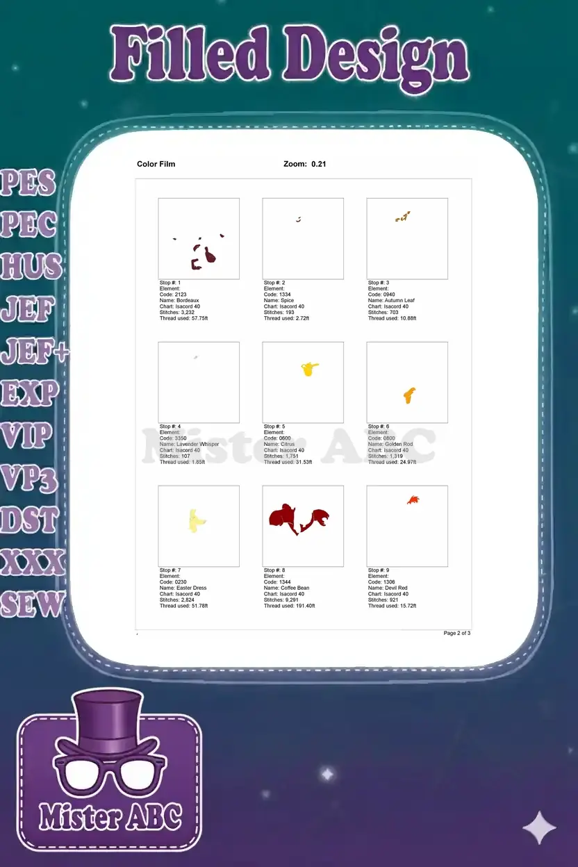 First page of the Color Film for the Duck Dodgers embroidery, displaying individual color stop elements and stitch counts.