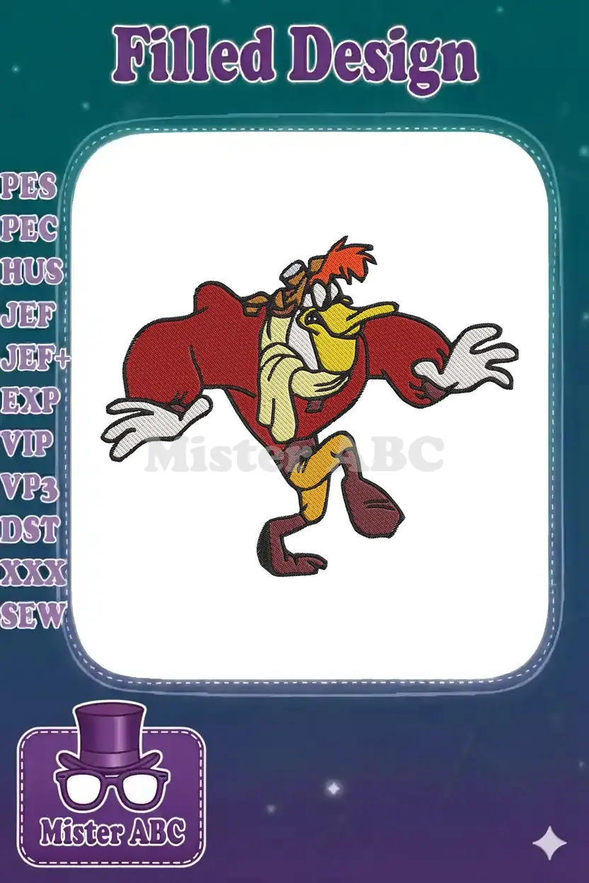 Embroidered design of the iconic Duck Dodgers character in a dynamic pose, featuring bold colors and intricate stitching.