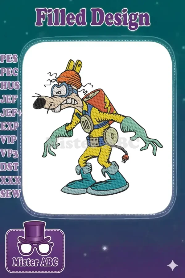 Wile E. Coyote embroidery design, featuring the character in a yellow diving suit with goggles, gloves, and boots.