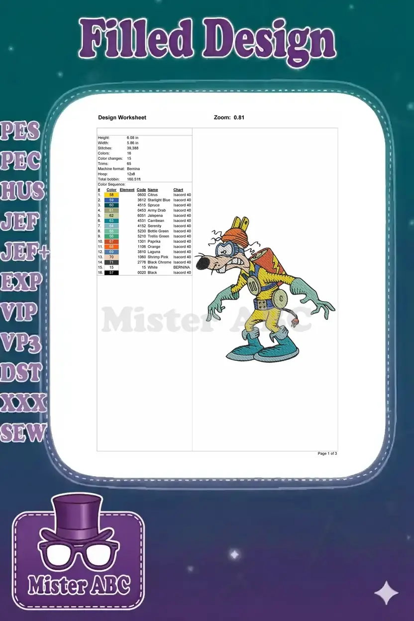 Embroidery design worksheet showing technical specifications like stitches, colors, dimensions, and thread chart.