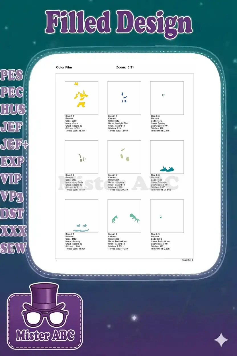 Color film page displaying the first nine individual color stops and thread details for the embroidery design.
