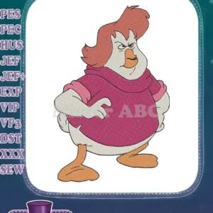 Full-body embroidery design of a grumpy cartoon duck character, featuring a pink sweater and ruffled hair.