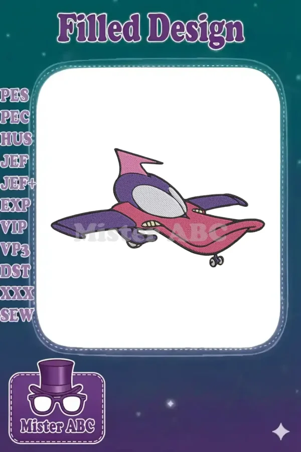 A colorful machine embroidery design featuring Pterry from Dinotrux, a purple and pink pterodactyl-airplane character.