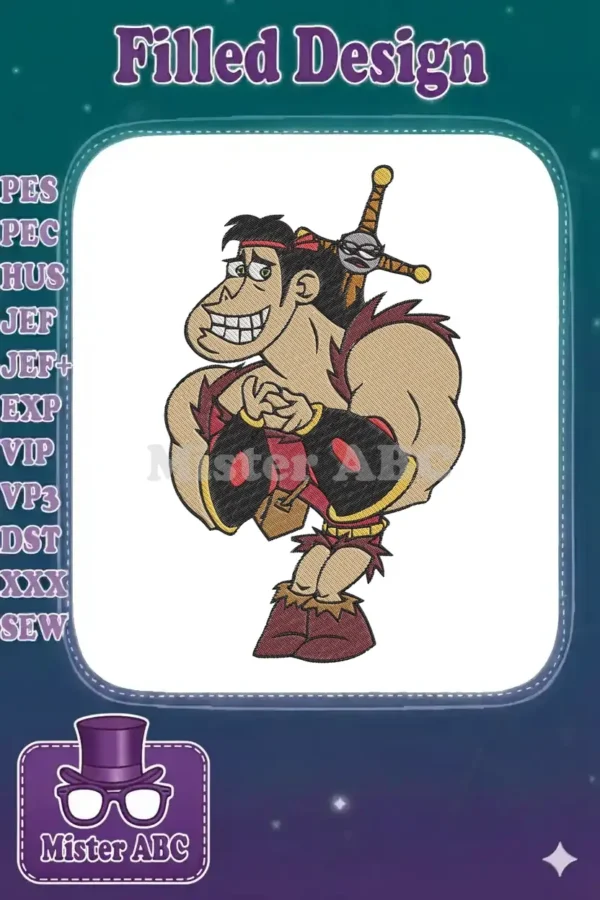Full-color Hunk the Barbarian embroidery design, a muscular, smiling cartoon character with a sword.