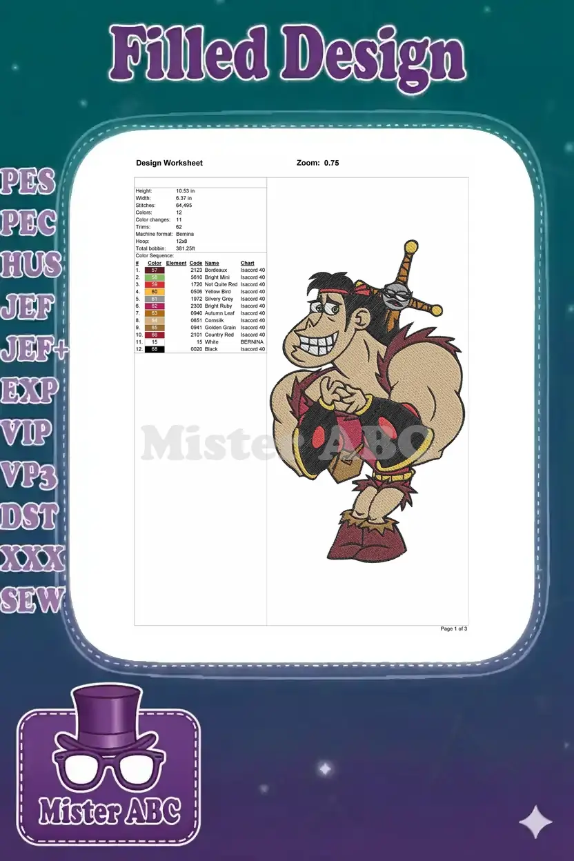 Embroidery design worksheet for Hunk, detailing dimensions, stitch count, color sequence, and hoop size.