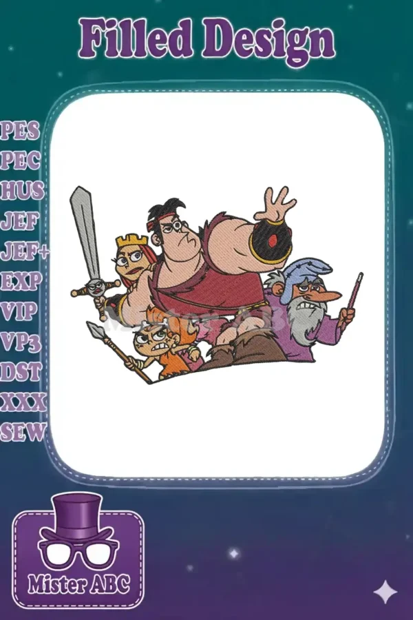 Vibrant embroidery design featuring Dave the Barbarian, Princess Candy, Fang, and Oswidge in a dynamic pose.