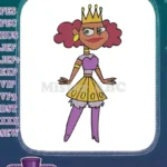 Smiling cartoon princess with golden crown and purple outfit embroidery designs - Instant Download