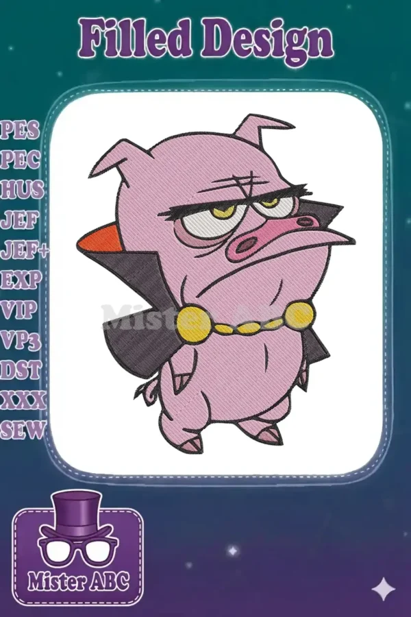 Grumpy pink pig in a black and red vampire cape with a gold chain, an expressive embroidery design.