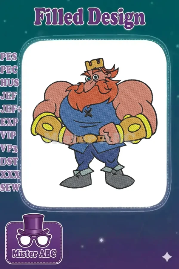 A powerful, muscular cartoon king with a red beard, golden crown, blue tunic, and large gauntlets, ready for embroidery.