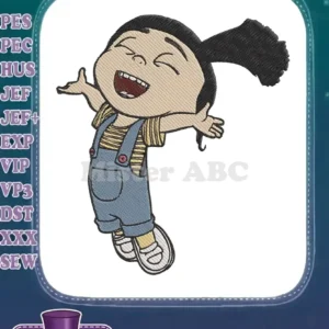 Agnes from Despicable Me, arms open wide in pure joy, captured in a vibrant, detailed embroidery design.