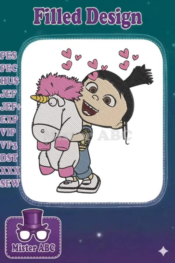 Agnes from Despicable Me lovingly embracing her fluffy white unicorn, surrounded by pink hearts, against a white background.