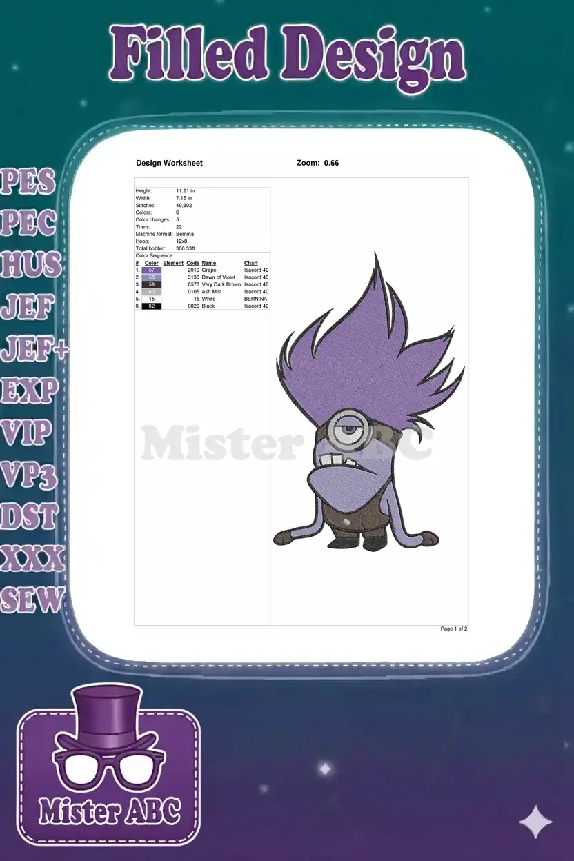 Embroidery design worksheet detailing dimensions, stitch count, color sequence, and thread types for the purple Minion.