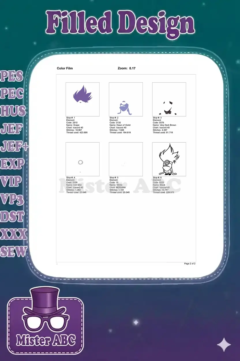 Embroidery color film showing the layered stitch sequence and individual color elements of the purple Minion design.