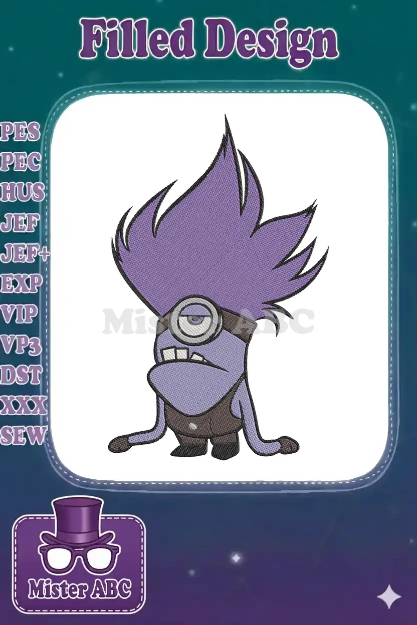 Close-up of a vibrant purple Minion-like embroidery design with spiky hair, a single eye, and a mischievous expression.