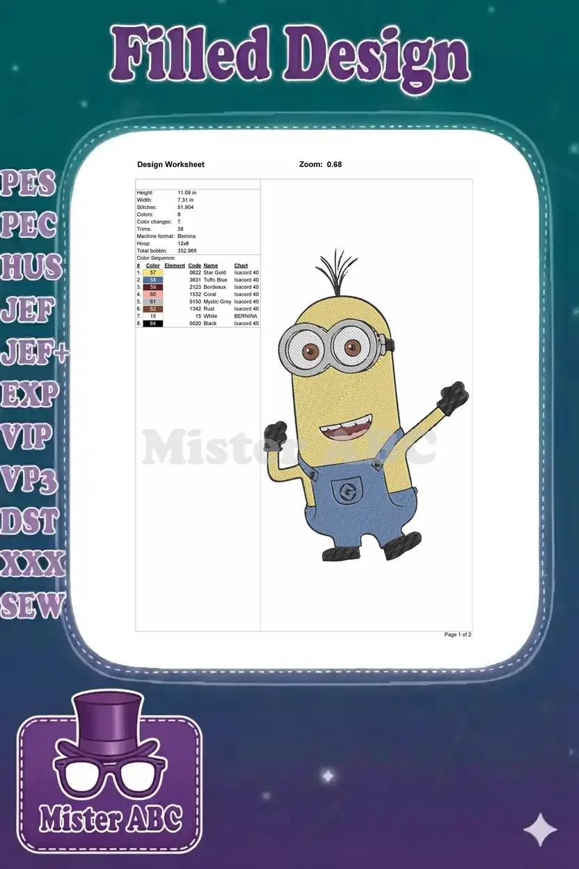Embroidery design worksheet showing Minion character's dimensions, stitch count, colors, and machine info.