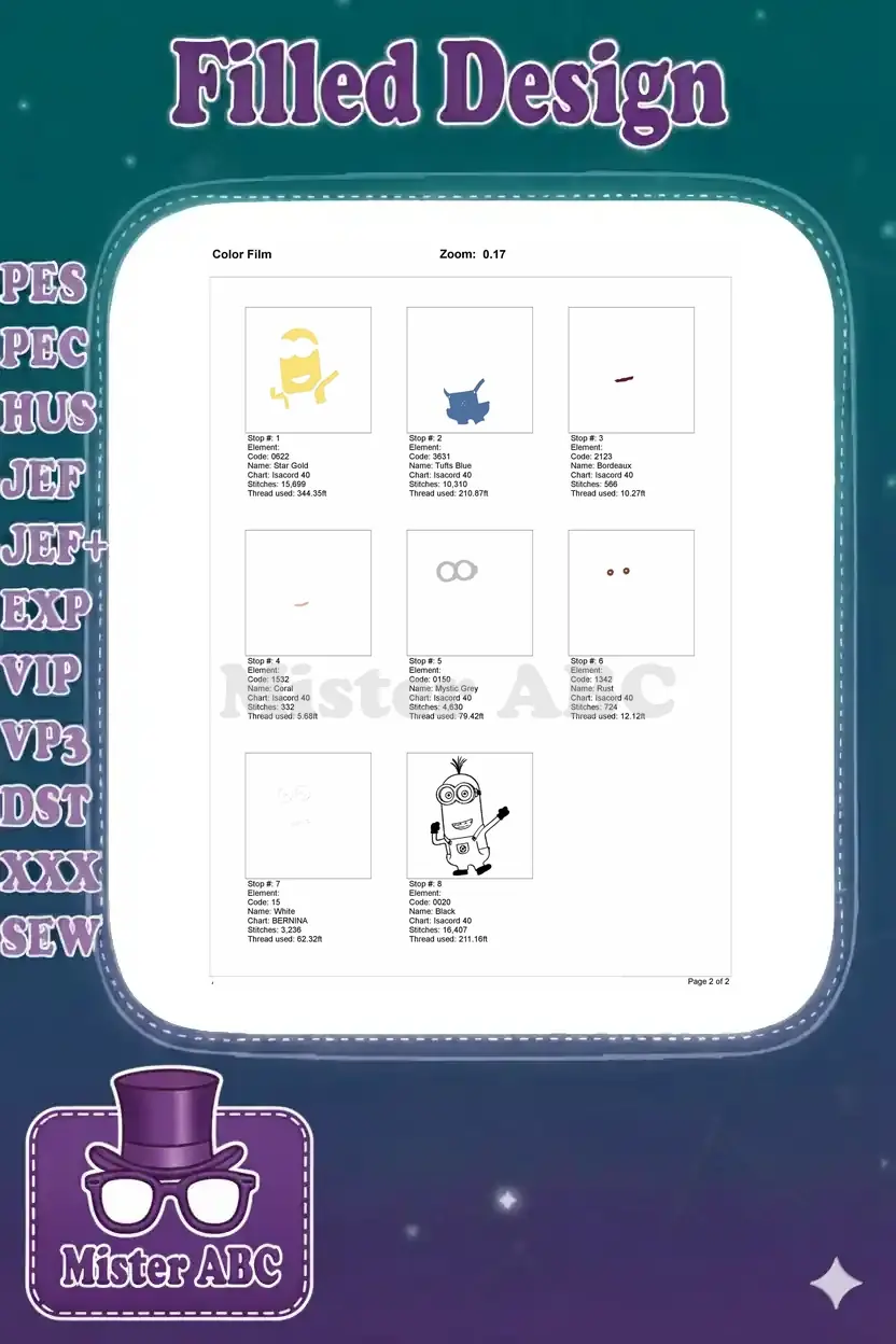 Color film breakdown for the Minion embroidery design, showcasing each stitch stop and thread usage.